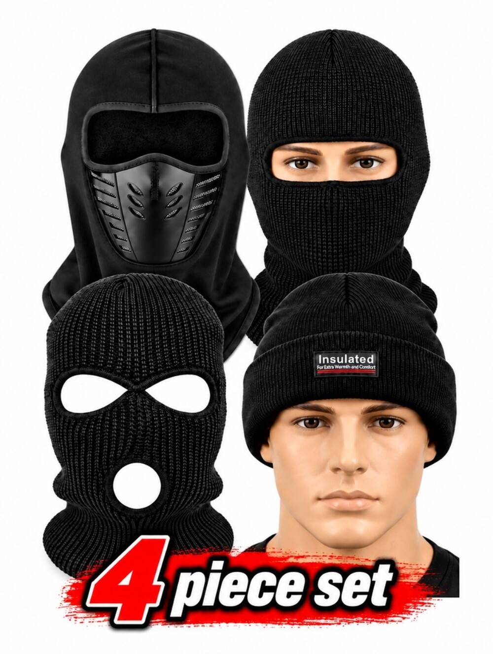 4 Piece Set Mens Winter Fleece Warm Hat Face Mask Beanie Black Brand New